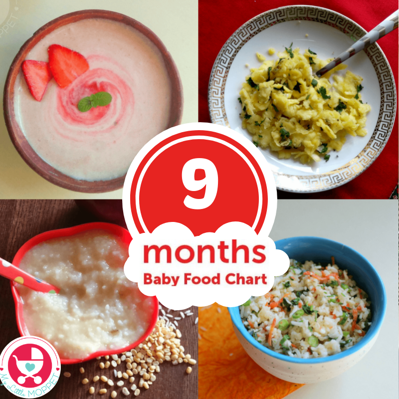 9 Months is the age at which your baby starts getting bored with familiar foods and demands something new! Keep baby interested with our 9 months baby food chart with Indian recipes.