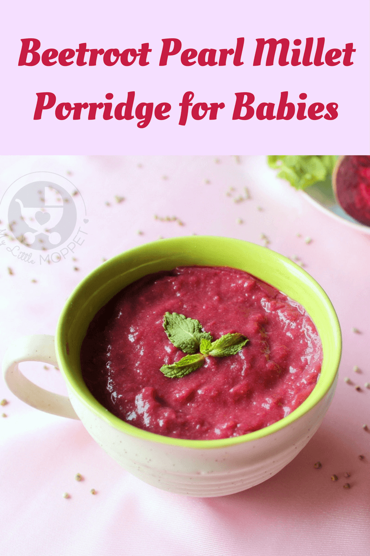 Pearl millet or bajra is a healthy food for babies on solids. This richly colored beetroot pearl millet porridge recipe is perfect for babies over 8 months.