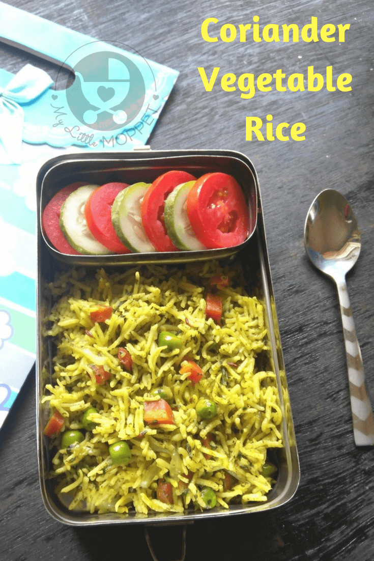 A well balanced meal at lunch time keeps the energy going, and helps kids focus on their studies without falling asleep, like this coriander vegetable rice for kids!