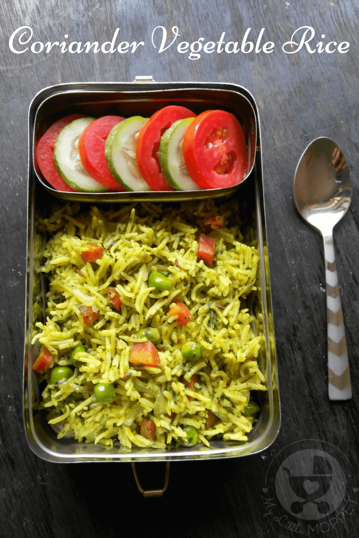 A well balanced meal at lunch time keeps the energy going, and helps kids focus on their studies without falling asleep, like this coriander vegetable rice for kids!