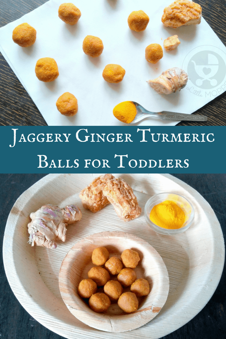 This winter, give your toddler an immunity boost with kitchen staples with these Jaggery Ginger Turmeric Balls - an easy, no-cook kid-friendly recipe! #winterrecipes #toddlers #healthysnacks