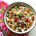 Black eyed bean salad, Karamani/Thatta Payiru salad is a filling protein packed snack, which can be served as a refreshing, crunchy after school snack.