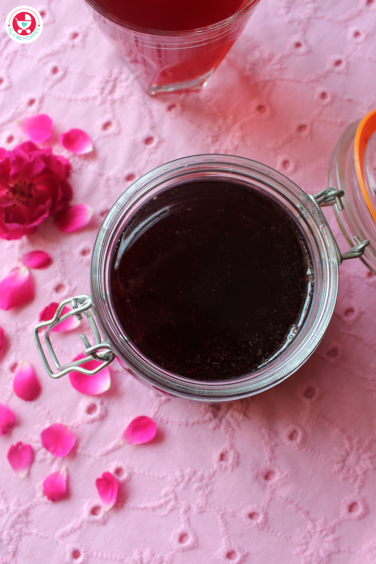 Natural Rose Syrup for Kids can be used to make rose Sherbet just by diluting it with water. It is a colorful as well as a healthy summer drink.