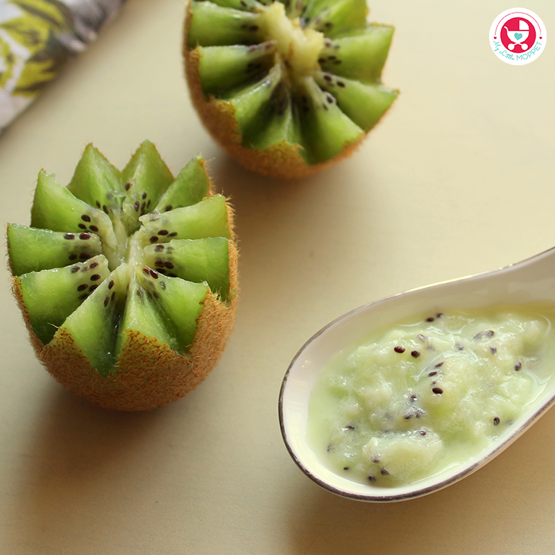 Yogurt with Pureed Kiwi is a vitamin A, Vitamin C, dietary fiber and potassium rich food for babies. This recipe is suitable for babies above 7 months.