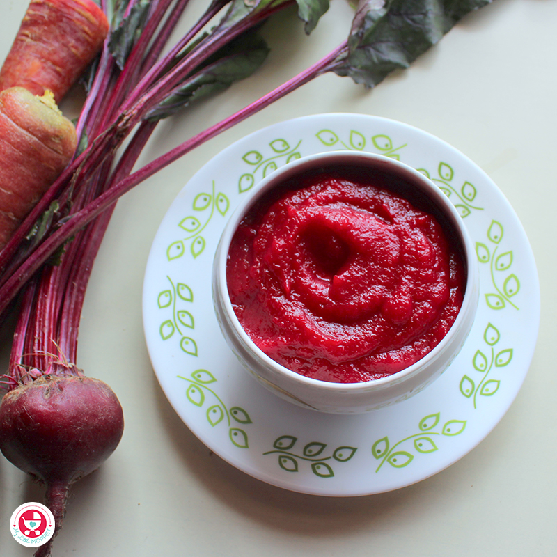 Carrot beetroot puree is a nutritious baby food filled with proteins and minerals, and is suitable for 7-8 month old babies.