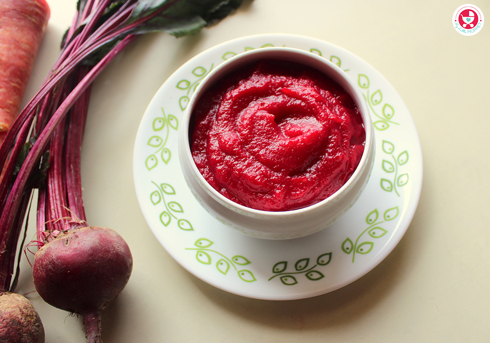 Carrot beetroot puree is a nutritious baby food filled with proteins and minerals, and is suitable for 7-8 month old babies.